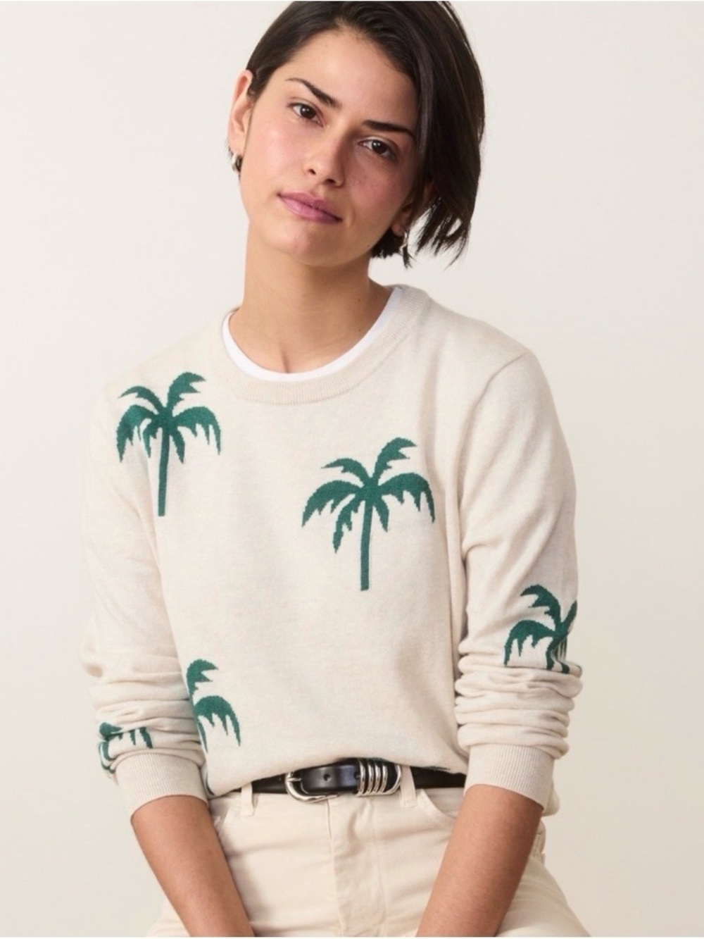 Marine Layer Light Tan and Green Palm Tree Icon Sweater